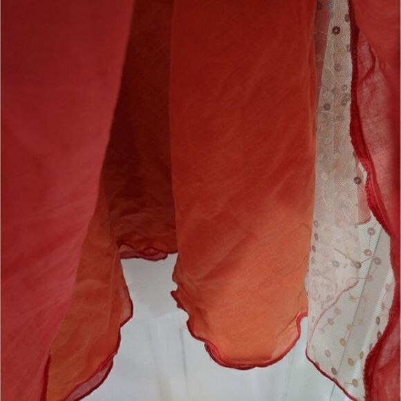 Vintage 80s Pleated Skirt Ruffle Sequin Mesh Inset Fairyesque Coral Fairycore 4 - Picture 4 of 8